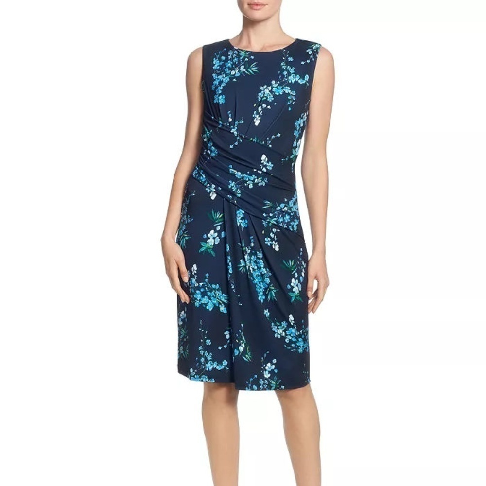 T TAHARI Navy Blue Floral-Print Draped Dress 2 NWT